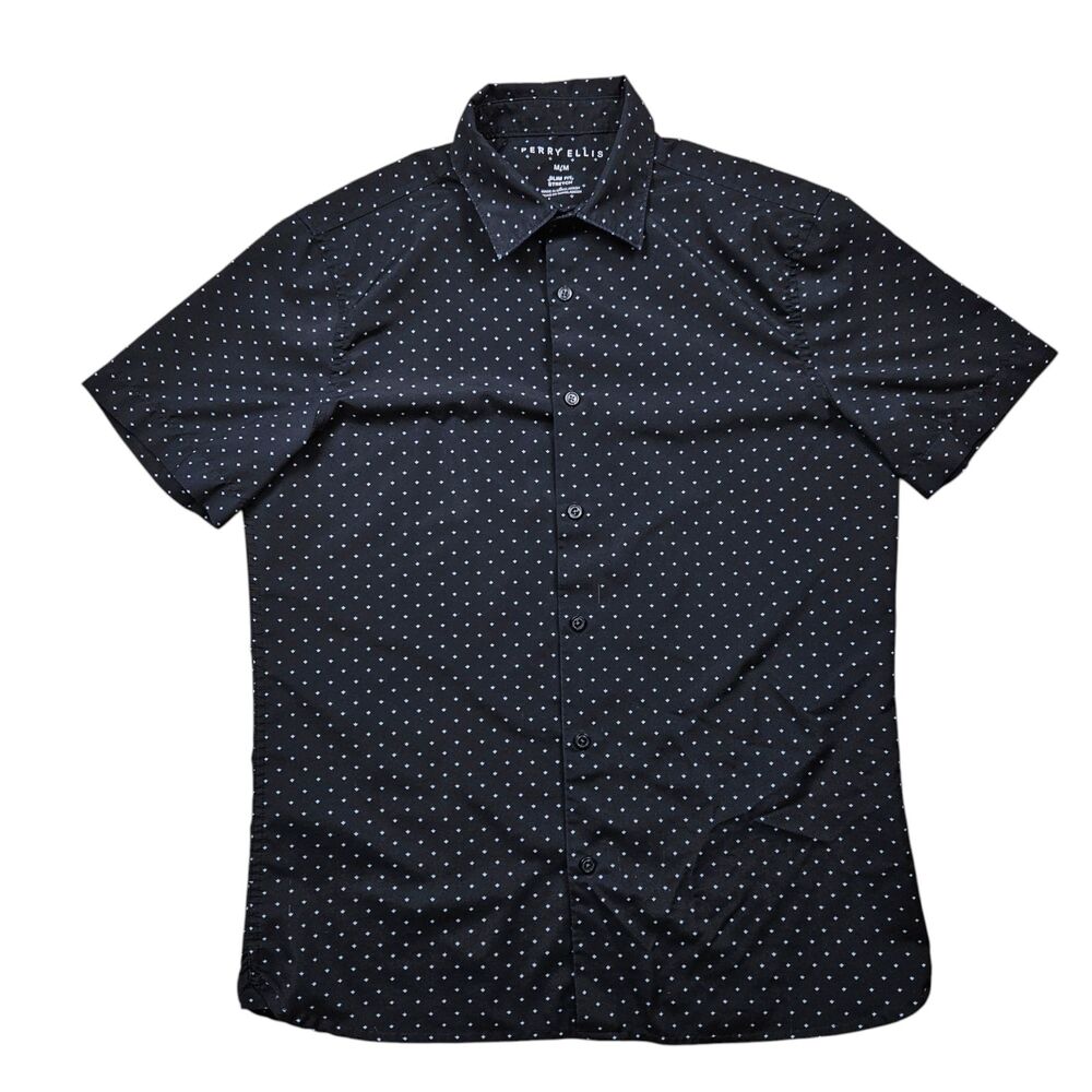 Perry Ellis Slim Fit Shirt Mens Medium Black Geometric Button Up Short Sleeve